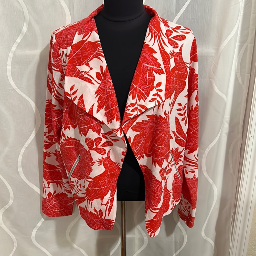 Sky’s The Limit, Red & White, Floral Print, Open Front Jacket, Size Medium